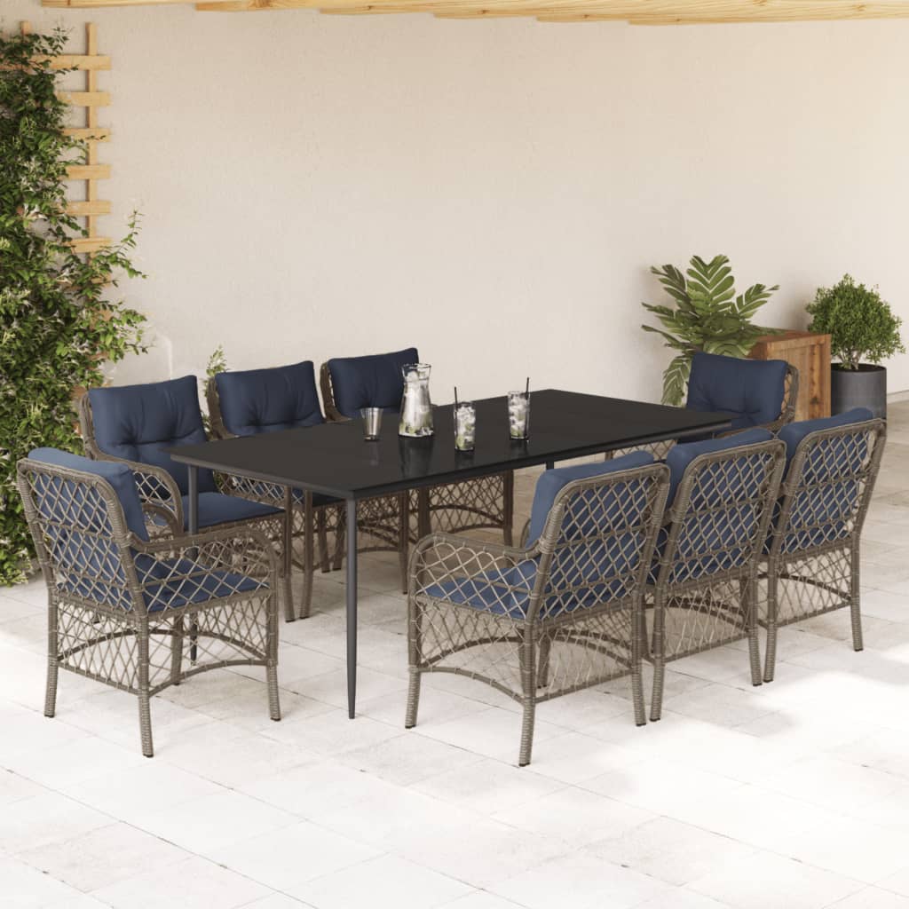 vidaXL 9 Piece Patio Dining Set with Cushions Gray Poly Rattan-0