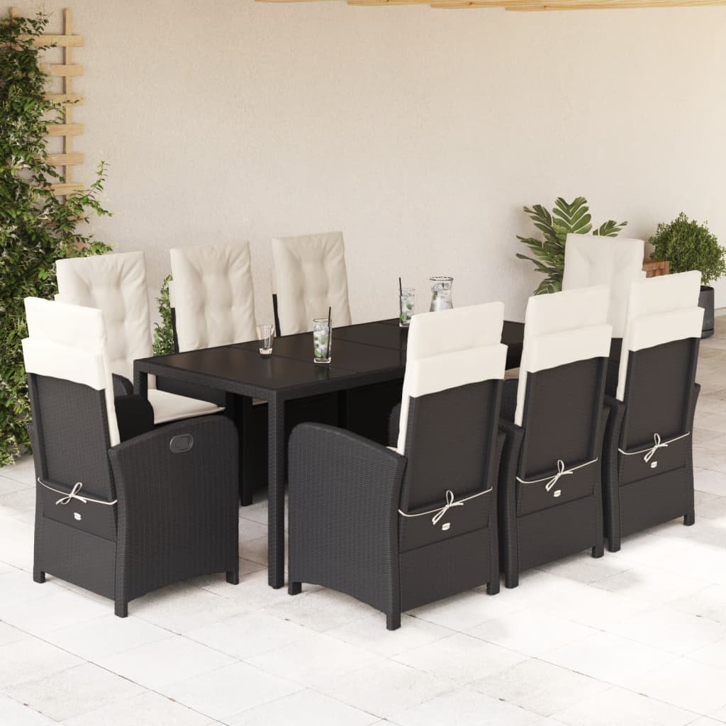 vidaXL 9 Piece Patio Dining Set with Cushions Black Poly Rattan-0