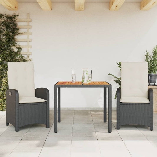 vidaXL 3 Piece Patio Dining Set with Cushions Black Poly Rattan-0