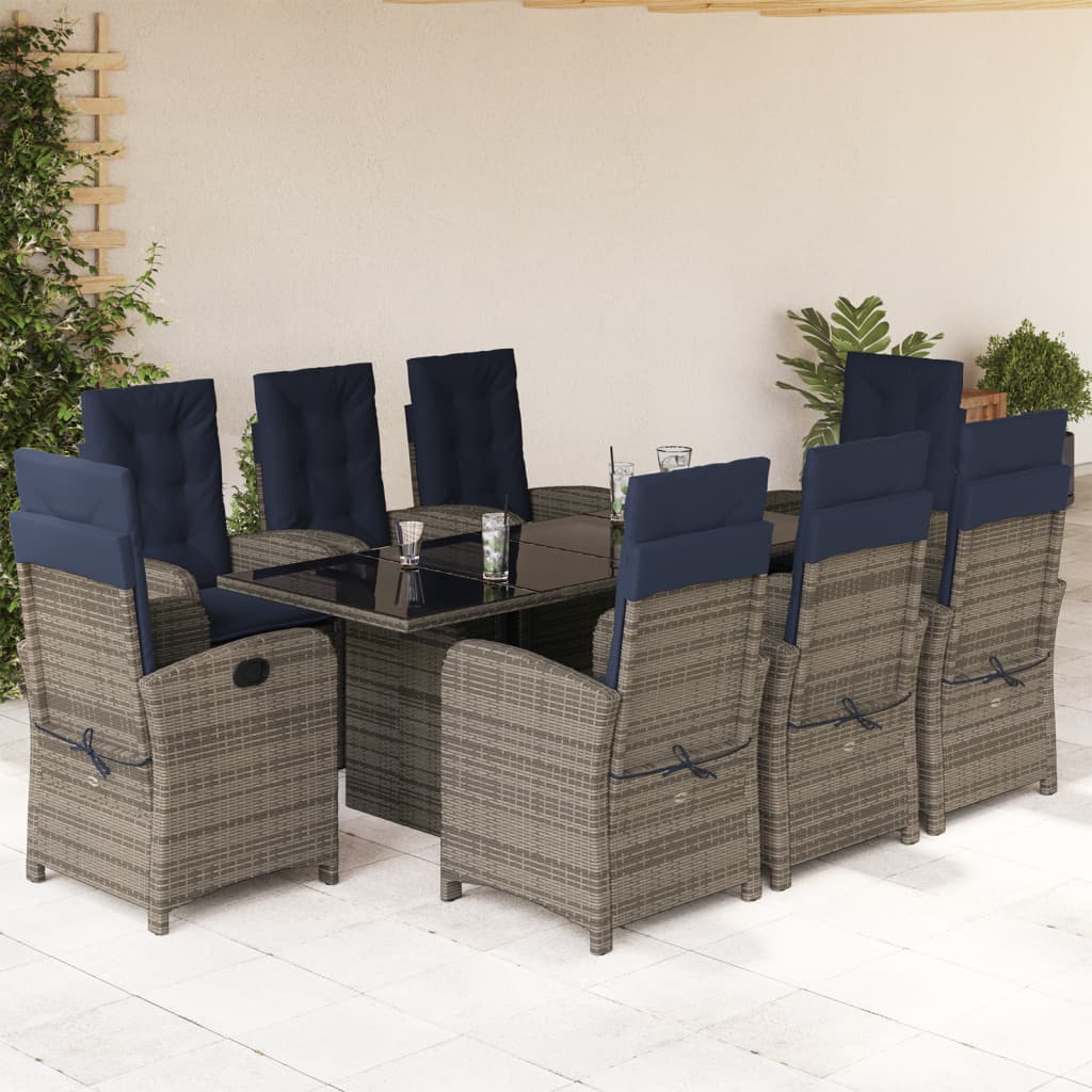 vidaXL 9 Piece Patio Dining Set with Cushions Gray Poly Rattan-1