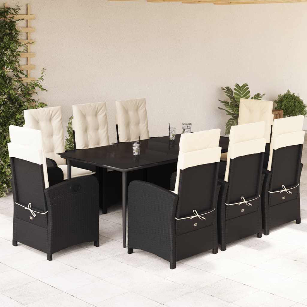 vidaXL 9 Piece Patio Dining Set with Cushions Black Poly Rattan-0