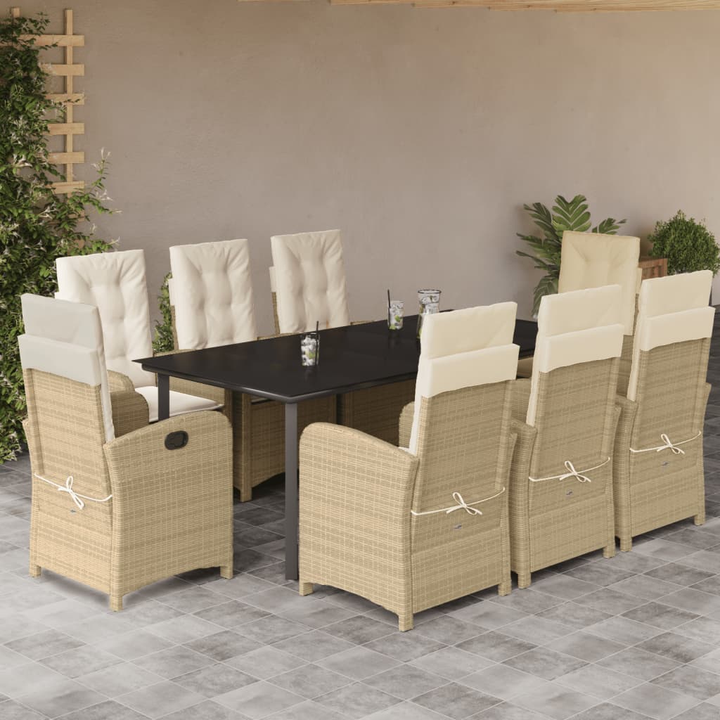 vidaXL 9 Piece Patio Dining Set with Cushions Beige Poly Rattan-0