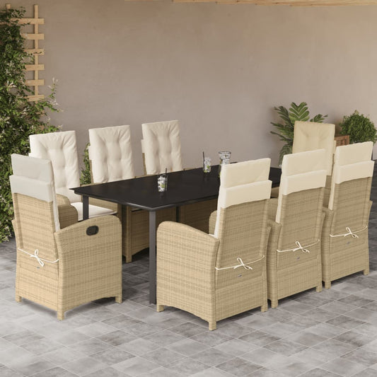 vidaXL 9 Piece Patio Dining Set with Cushions Beige Poly Rattan-0