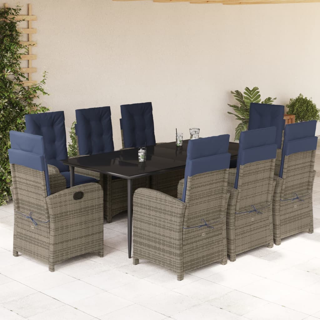 vidaXL 9 Piece Patio Dining Set with Cushions Gray Poly Rattan-1