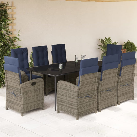 vidaXL 9 Piece Patio Dining Set with Cushions Gray Poly Rattan-1