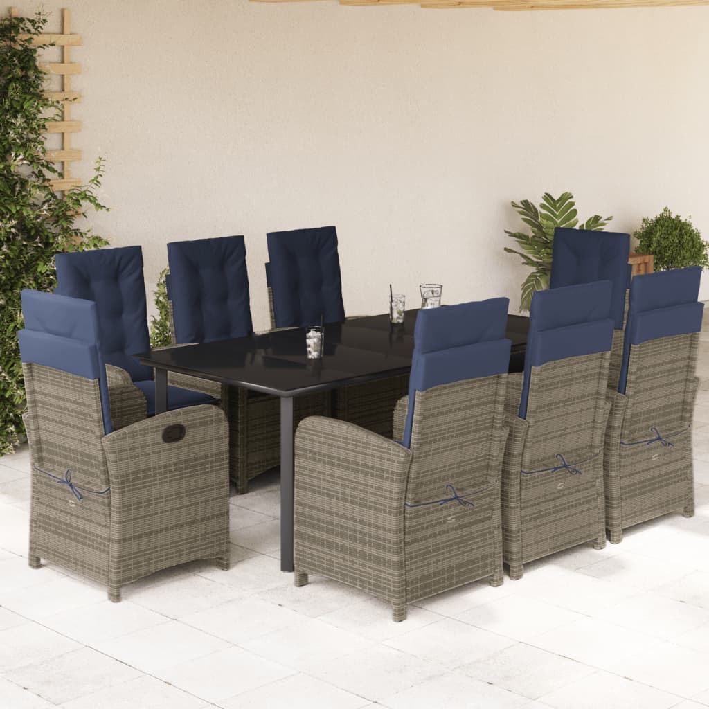 vidaXL 9 Piece Patio Dining Set with Cushions Gray Poly Rattan-1