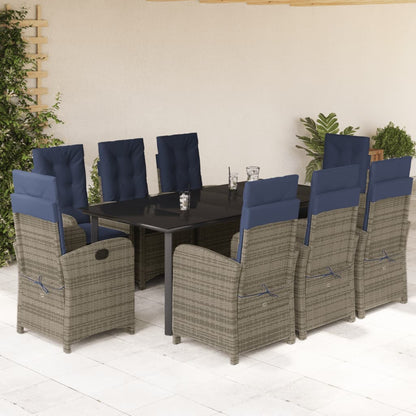 vidaXL 9 Piece Patio Dining Set with Cushions Gray Poly Rattan-1