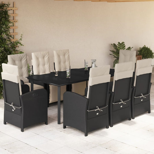 vidaXL 9 Piece Patio Dining Set with Cushions Black Poly Rattan-0