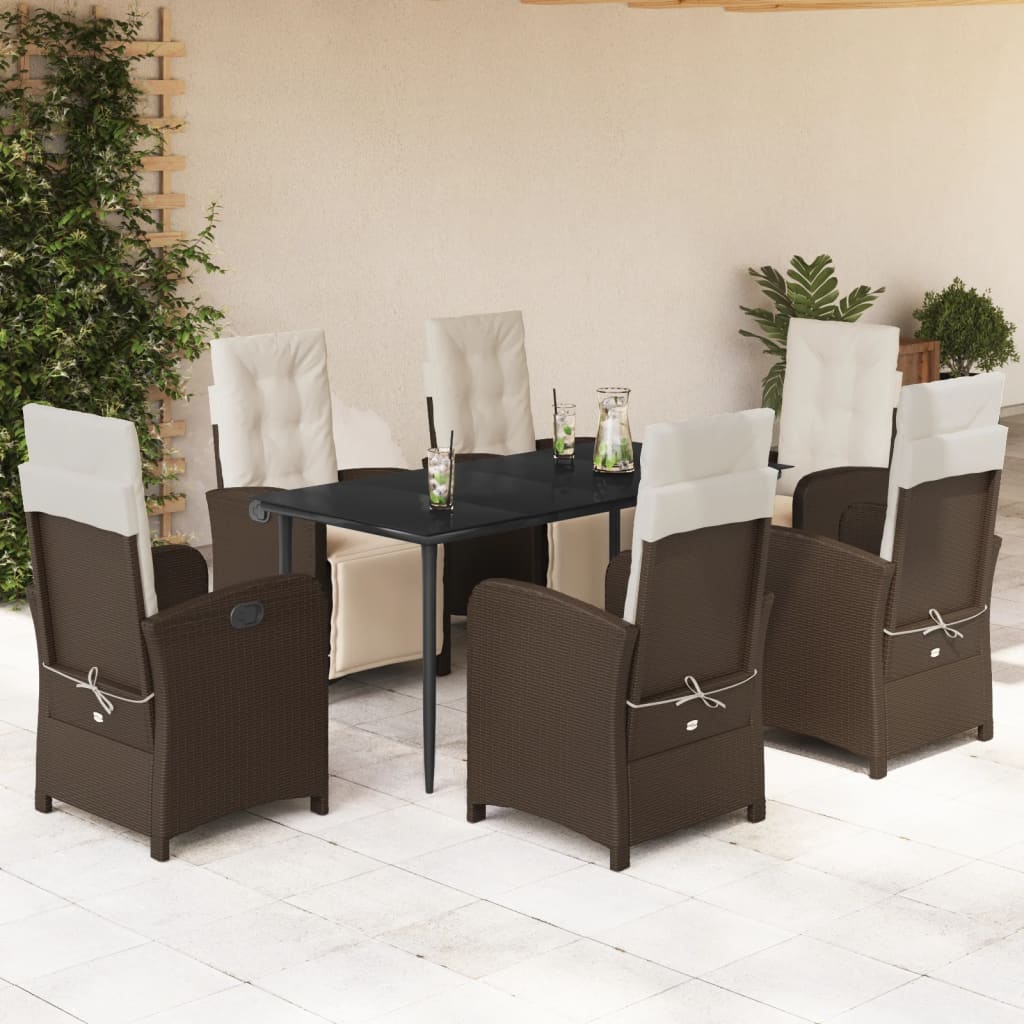 vidaXL 7 Piece Patio Dining Set with Cushions Brown Poly Rattan-0