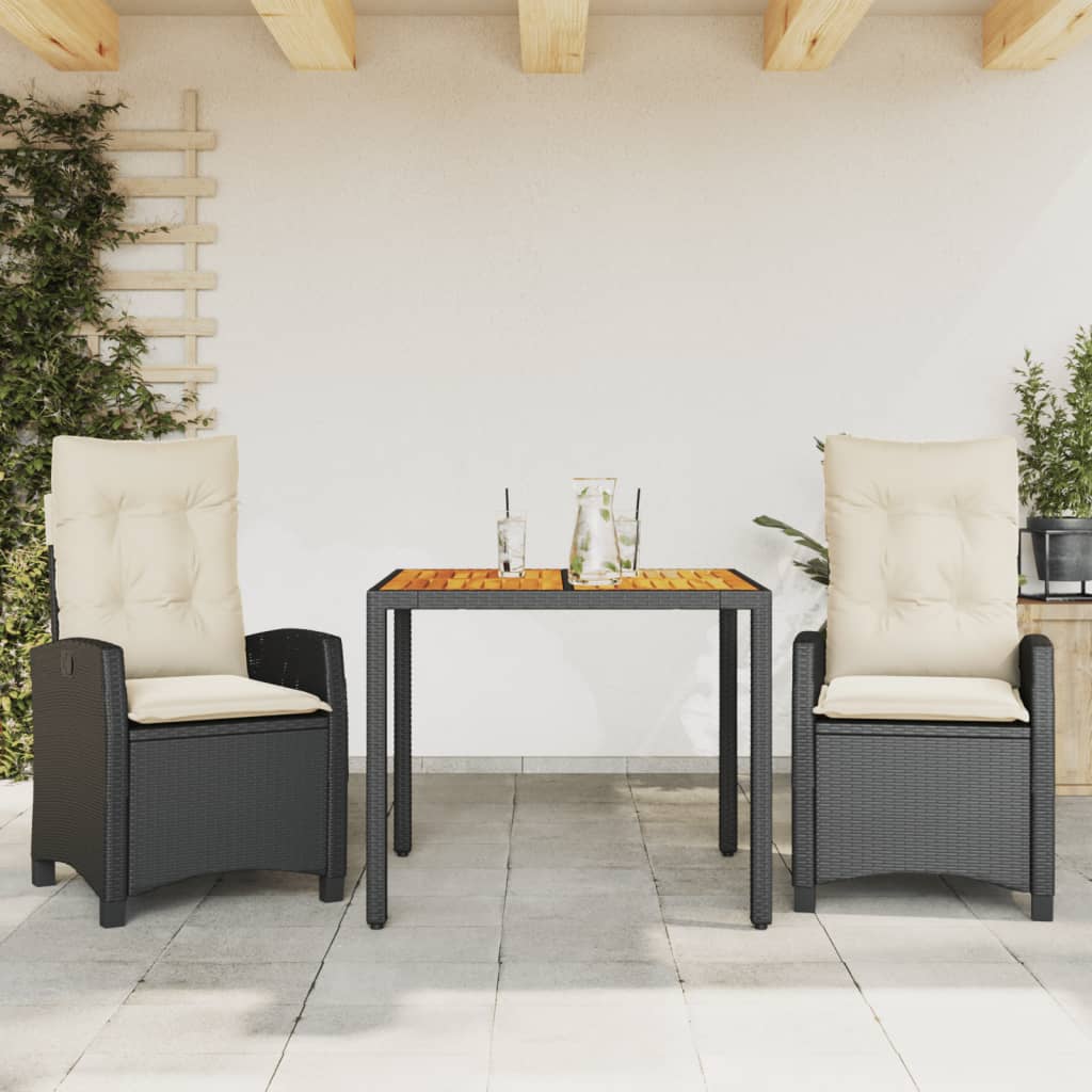 vidaXL 3 Piece Patio Dining Set with Cushions Black Poly Rattan-0
