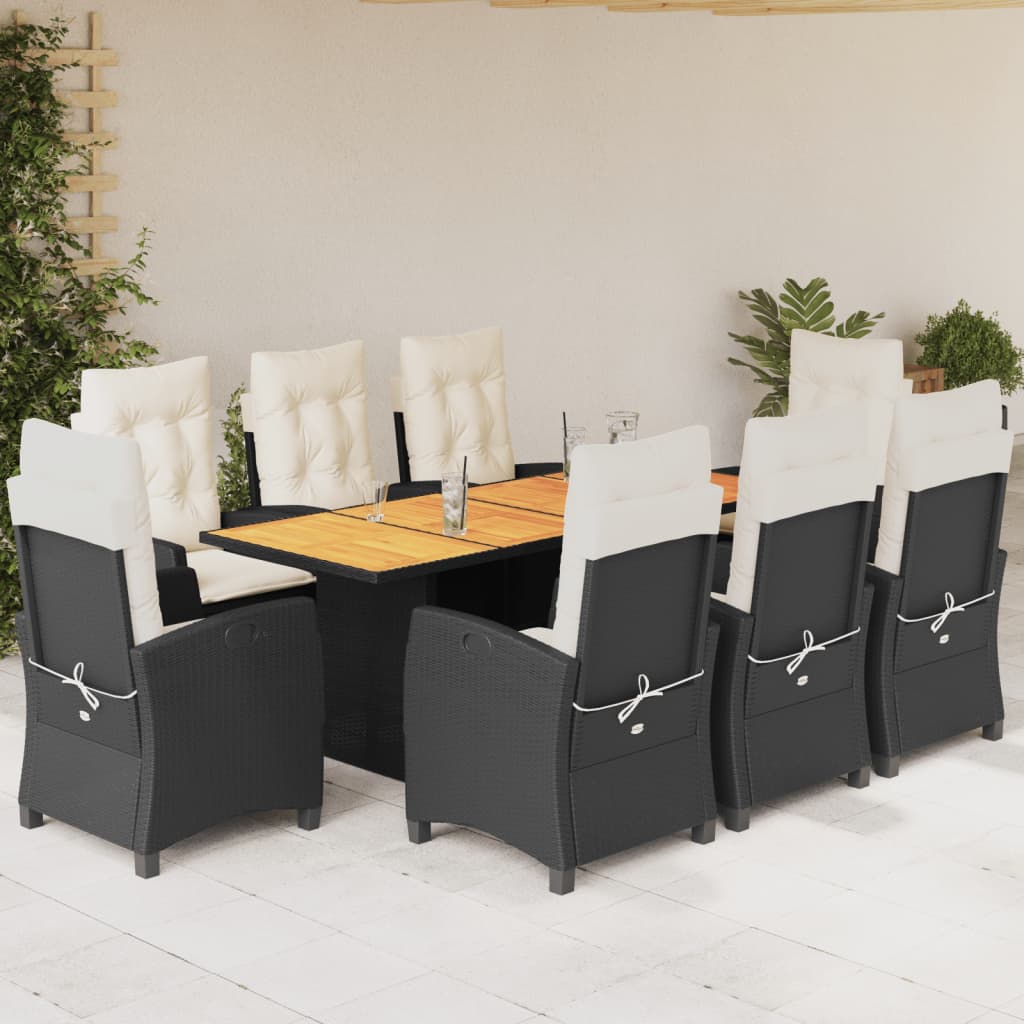 vidaXL 9 Piece Patio Dining Set with Cushions Black Poly Rattan-0