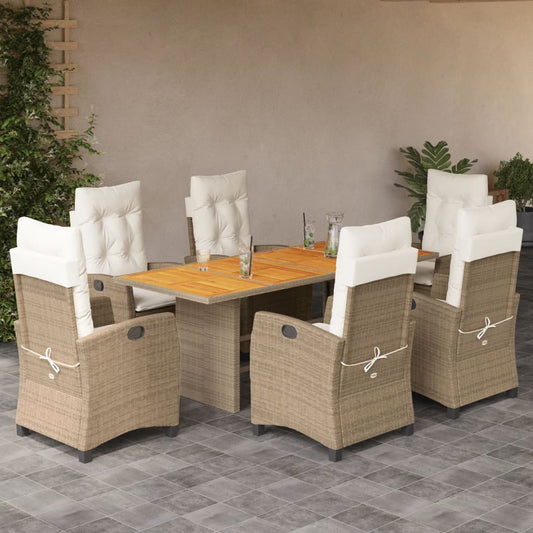 vidaXL 7 Piece Patio Dining Set with Cushions Beige Poly Rattan-0