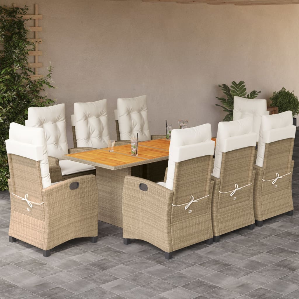 vidaXL 9 Piece Patio Dining Set with Cushions Beige Poly Rattan-0