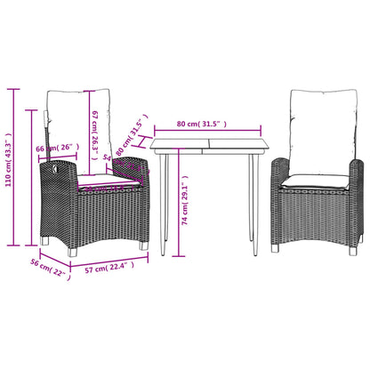 vidaXL 3 Piece Patio Dining Set with Cushions Black Poly Rattan-2