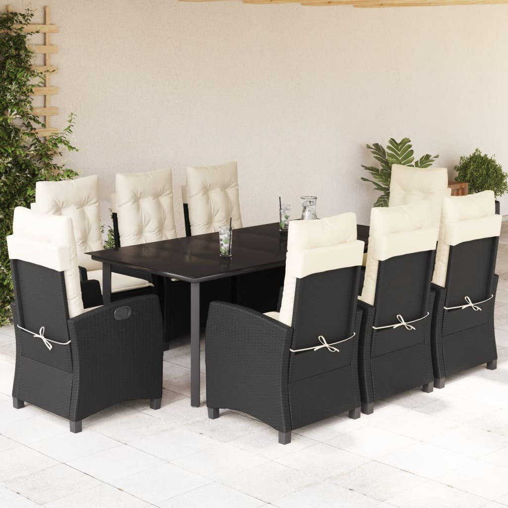 vidaXL 9 Piece Patio Dining Set with Cushions Black Poly Rattan-0