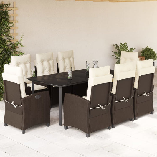 vidaXL 9 Piece Patio Dining Set with Cushions Brown Poly Rattan-0
