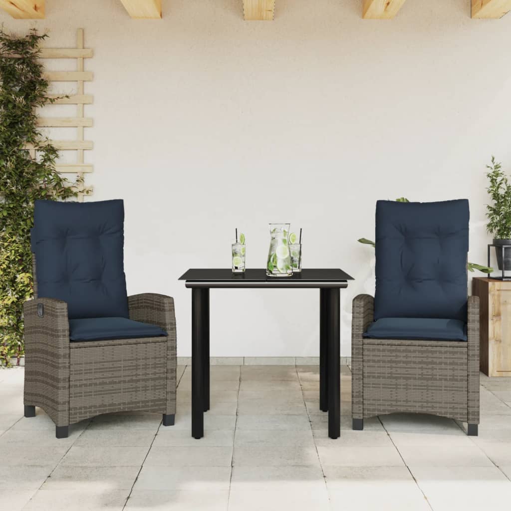 vidaXL 3 Piece Patio Dining Set with Cushions Gray Poly Rattan-0