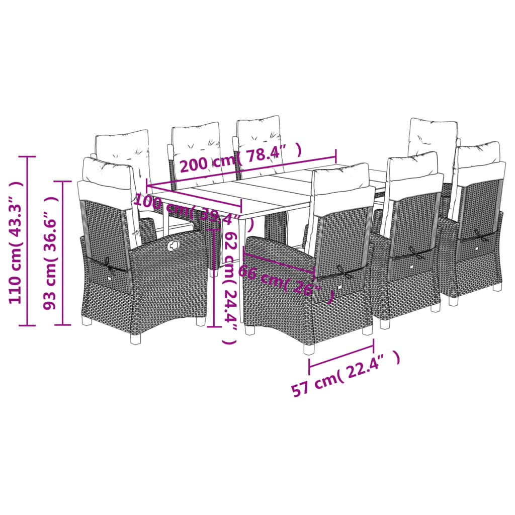 vidaXL 9 Piece Patio Dining Set with Cushions Black Poly Rattan-3