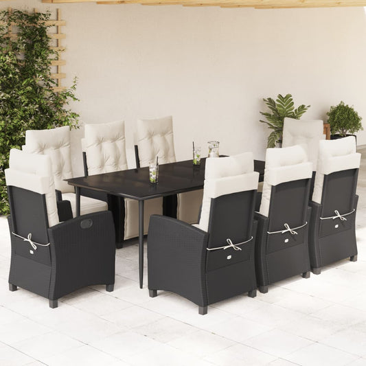 vidaXL 9 Piece Patio Dining Set with Cushions Black Poly Rattan-0