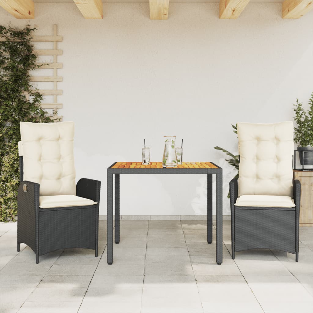 vidaXL 3 Piece Patio Dining Set with Cushions Black Poly Rattan-0