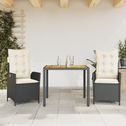 vidaXL 3 Piece Patio Dining Set with Cushions Black Poly Rattan-0