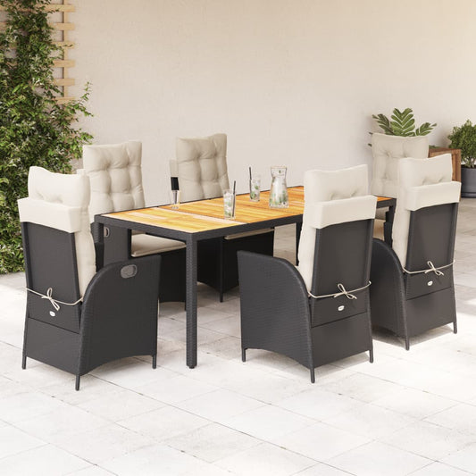 vidaXL 7 Piece Patio Dining Set with Cushions Black Poly Rattan