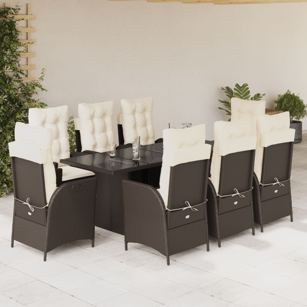 vidaXL 9 Piece Patio Dining Set with Cushions Brown Poly Rattan-0