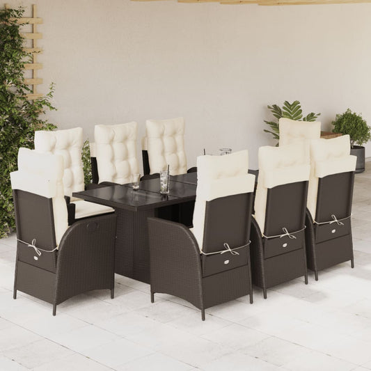 vidaXL 9 Piece Patio Dining Set with Cushions Brown Poly Rattan-0