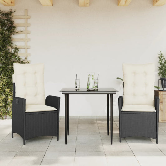 vidaXL 3 Piece Patio Dining Set with Cushions Black Poly Rattan-0