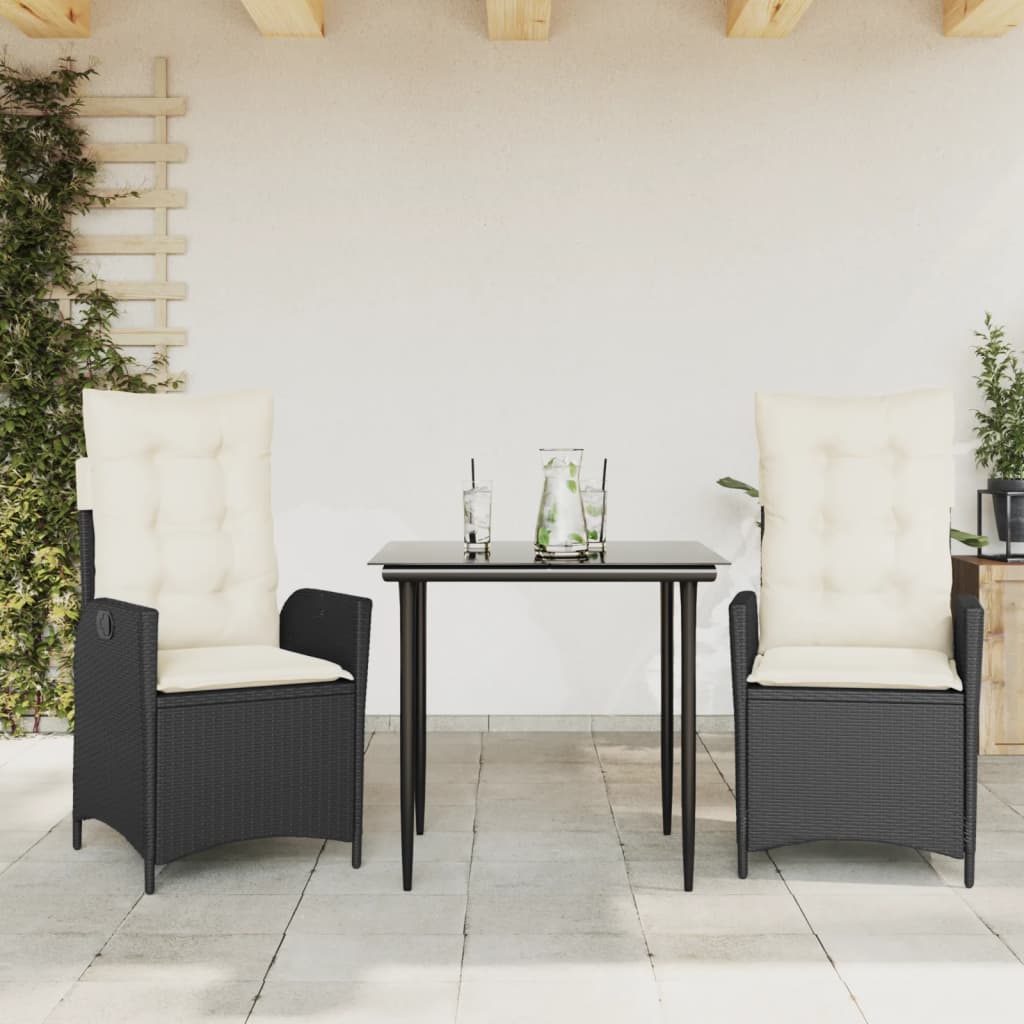 vidaXL 3 Piece Patio Dining Set with Cushions Black Poly Rattan-0