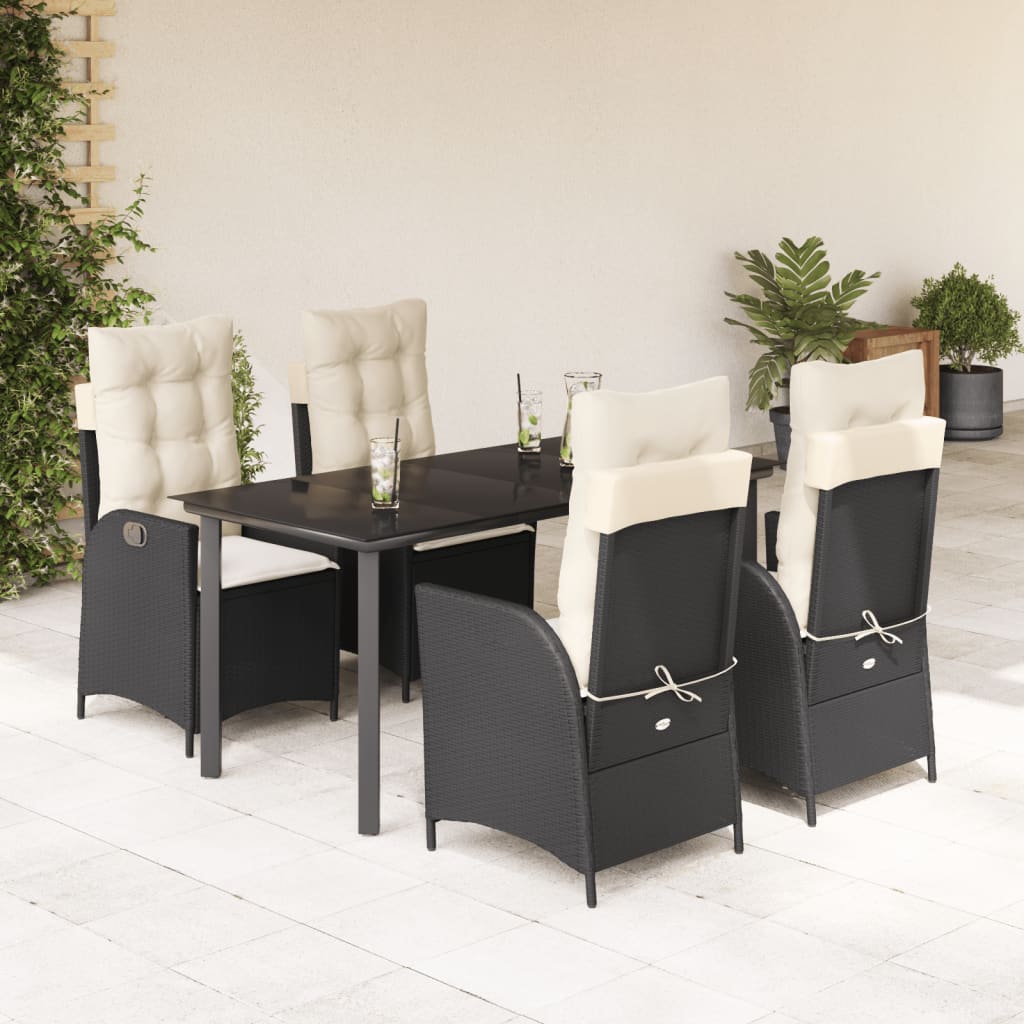 vidaXL 5 Piece Patio Dining Set with Cushions Black Poly Rattan-0