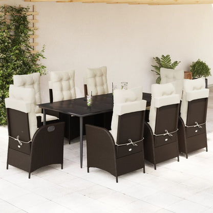 vidaXL 9 Piece Patio Dining Set with Cushions Brown Poly Rattan-0
