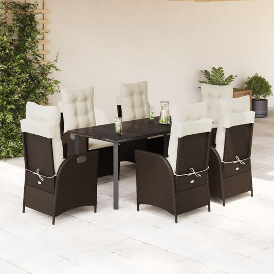 vidaXL 7 Piece Patio Dining Set with Cushions Brown Poly Rattan-0