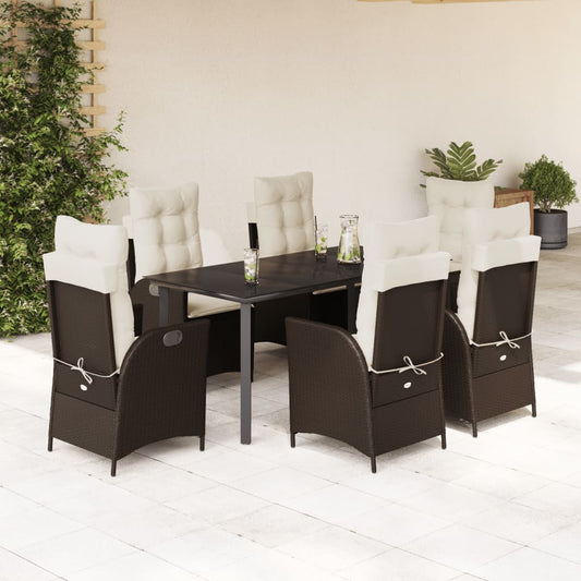 vidaXL 7 Piece Patio Dining Set with Cushions Brown Poly Rattan-0