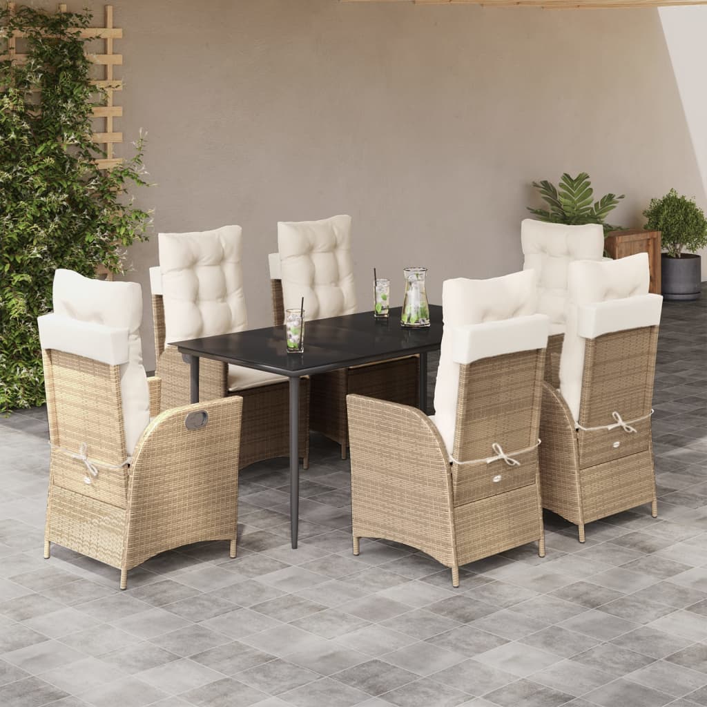 vidaXL 7 Piece Patio Dining Set with Cushions Beige Poly Rattan-0