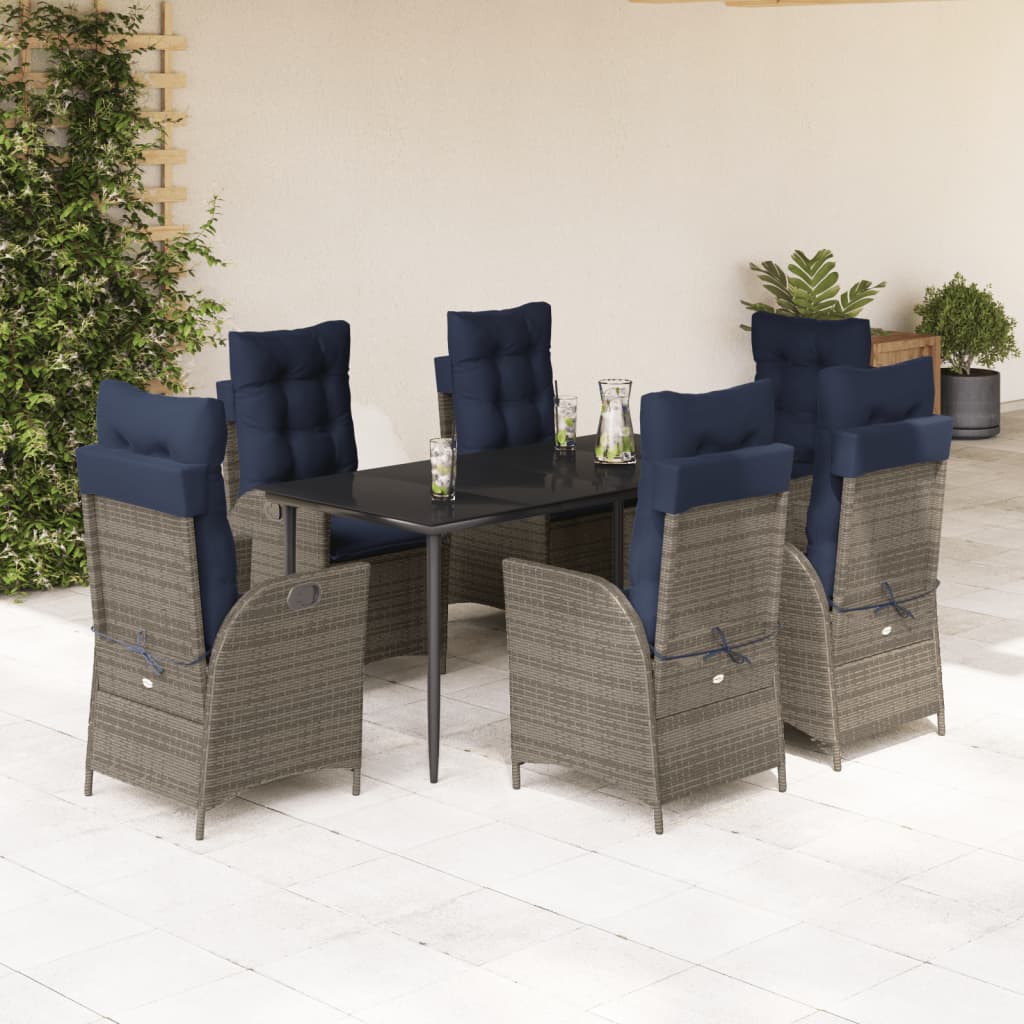 vidaXL 7 Piece Patio Dining Set with Cushions Gray Poly Rattan-1