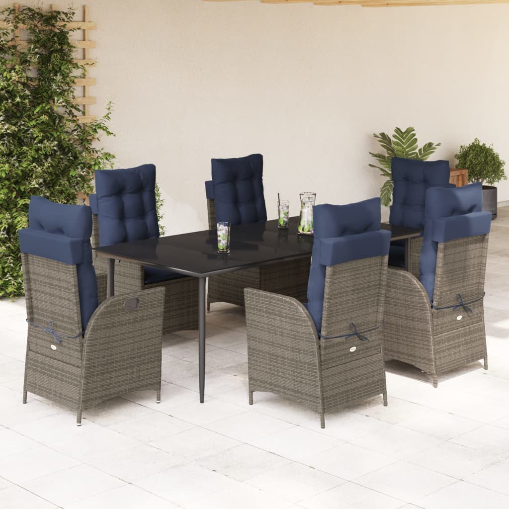 vidaXL 7 Piece Patio Dining Set with Cushions Gray Poly Rattan-0