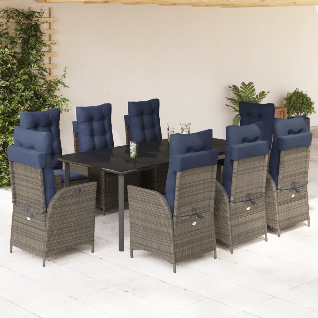 vidaXL 9 Piece Patio Dining Set with Cushions Gray Poly Rattan-0