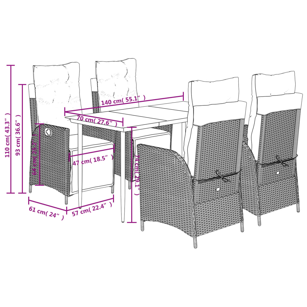 vidaXL 5 Piece Patio Dining Set with Cushions Black Poly Rattan-3