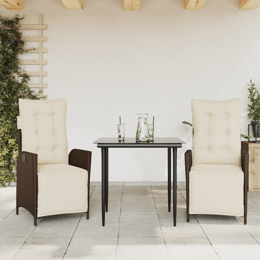 vidaXL 3 Piece Patio Dining Set with Cushions Brown Poly Rattan-0
