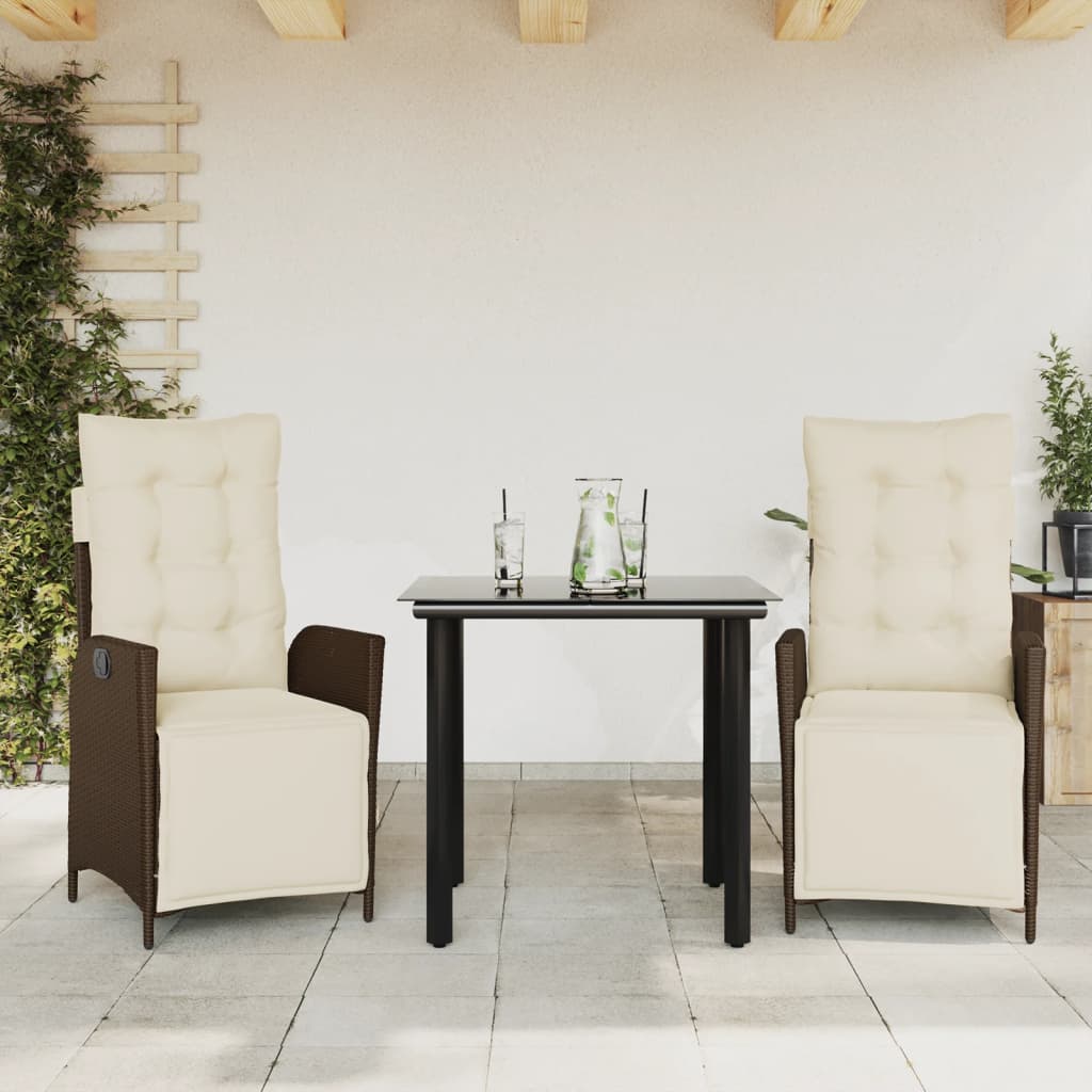 vidaXL 3 Piece Patio Dining Set with Cushions Brown Poly Rattan-0