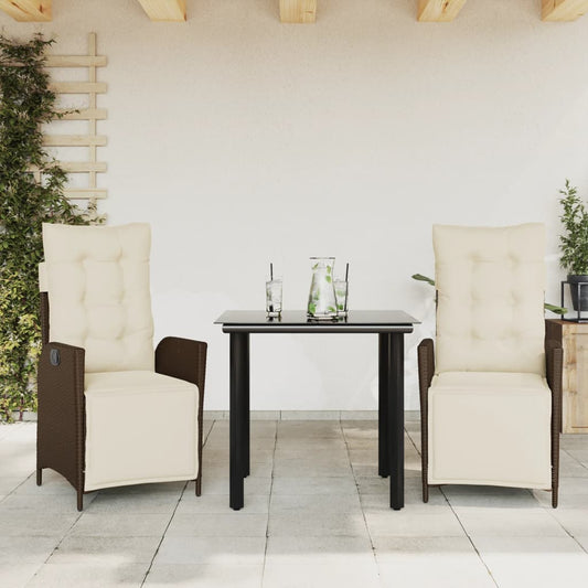 vidaXL 3 Piece Patio Dining Set with Cushions Brown Poly Rattan-0