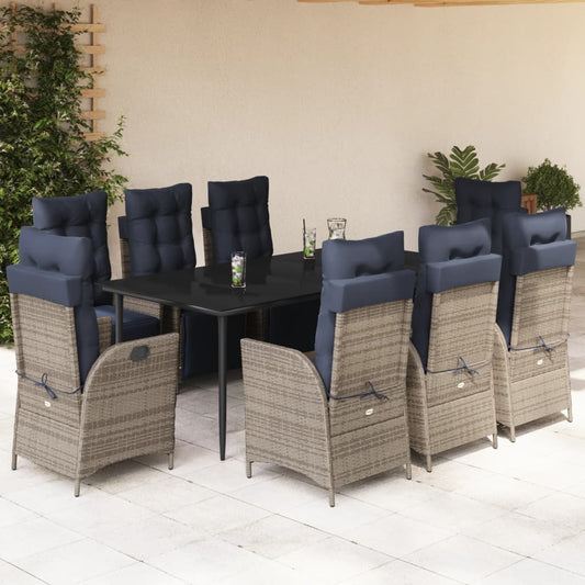 vidaXL 9 Piece Patio Dining Set with Cushions Gray Poly Rattan-0