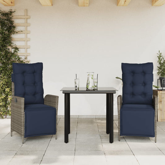 vidaXL 3 Piece Patio Dining Set with Cushions Gray Poly Rattan-0