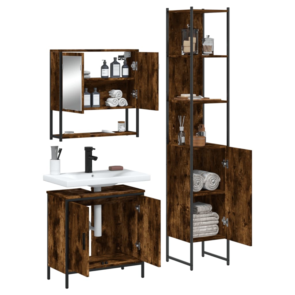 vidaXL 3 Piece Bathroom Furniture Set Smoked Oak Engineered Wood-4