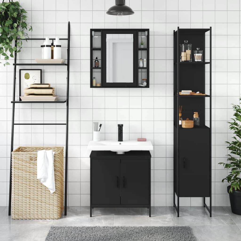 vidaXL 3 Piece Bathroom Cabinet Set Black Engineered Wood-3