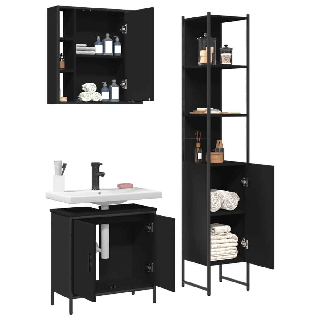 vidaXL 3 Piece Bathroom Cabinet Set Black Engineered Wood-4