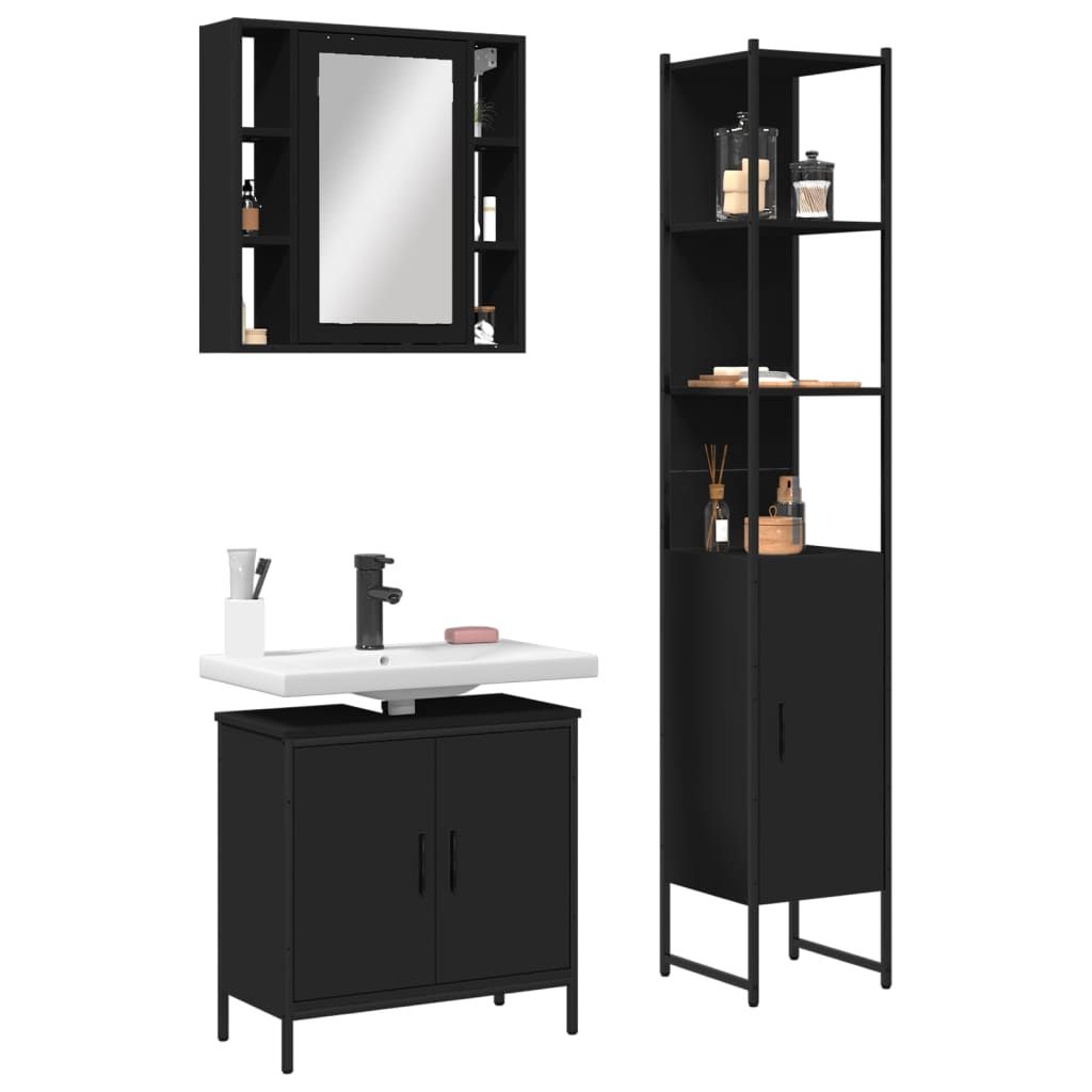 vidaXL 3 Piece Bathroom Cabinet Set Black Engineered Wood-1
