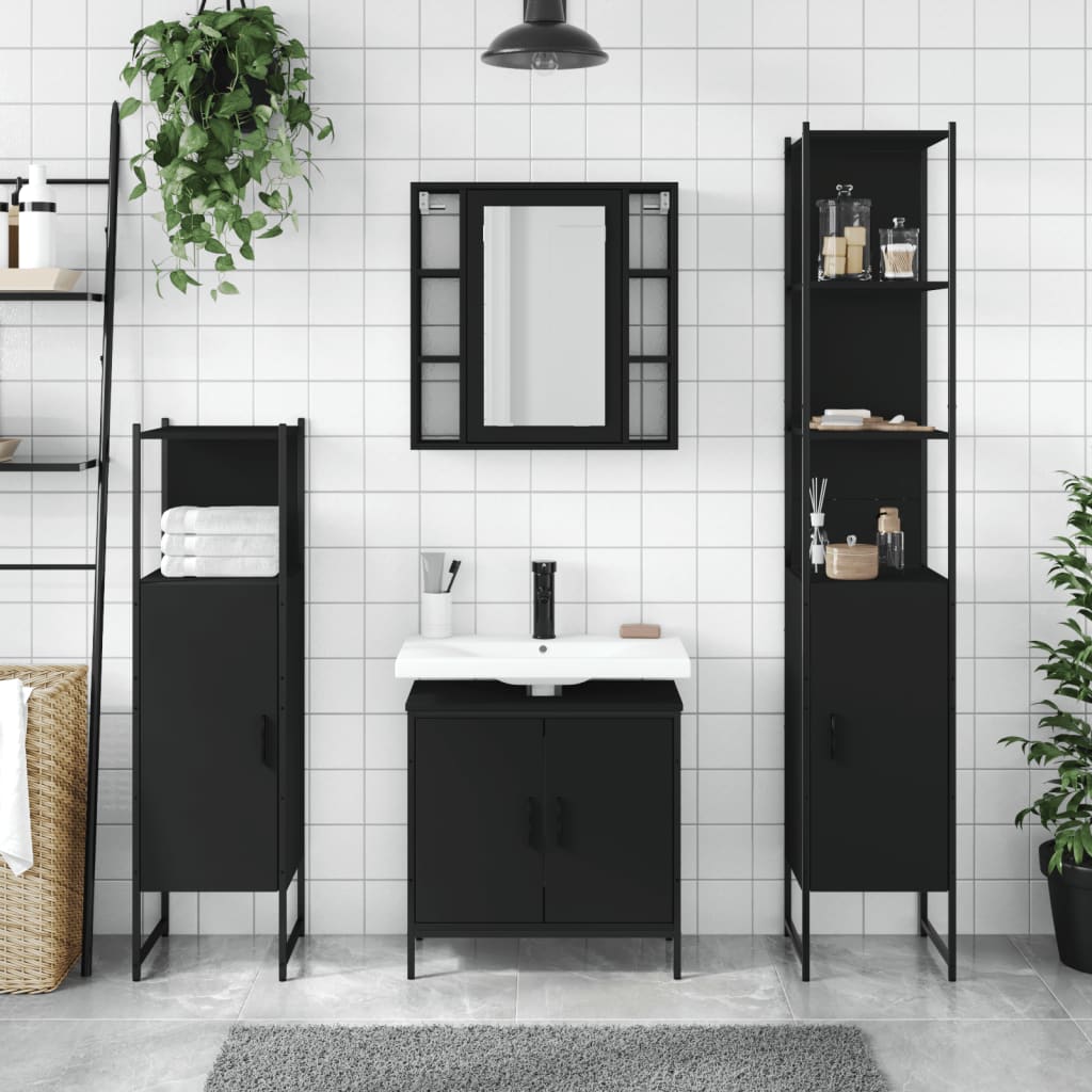 vidaXL 4 Piece Bathroom Cabinet Set Black Engineered Wood-3