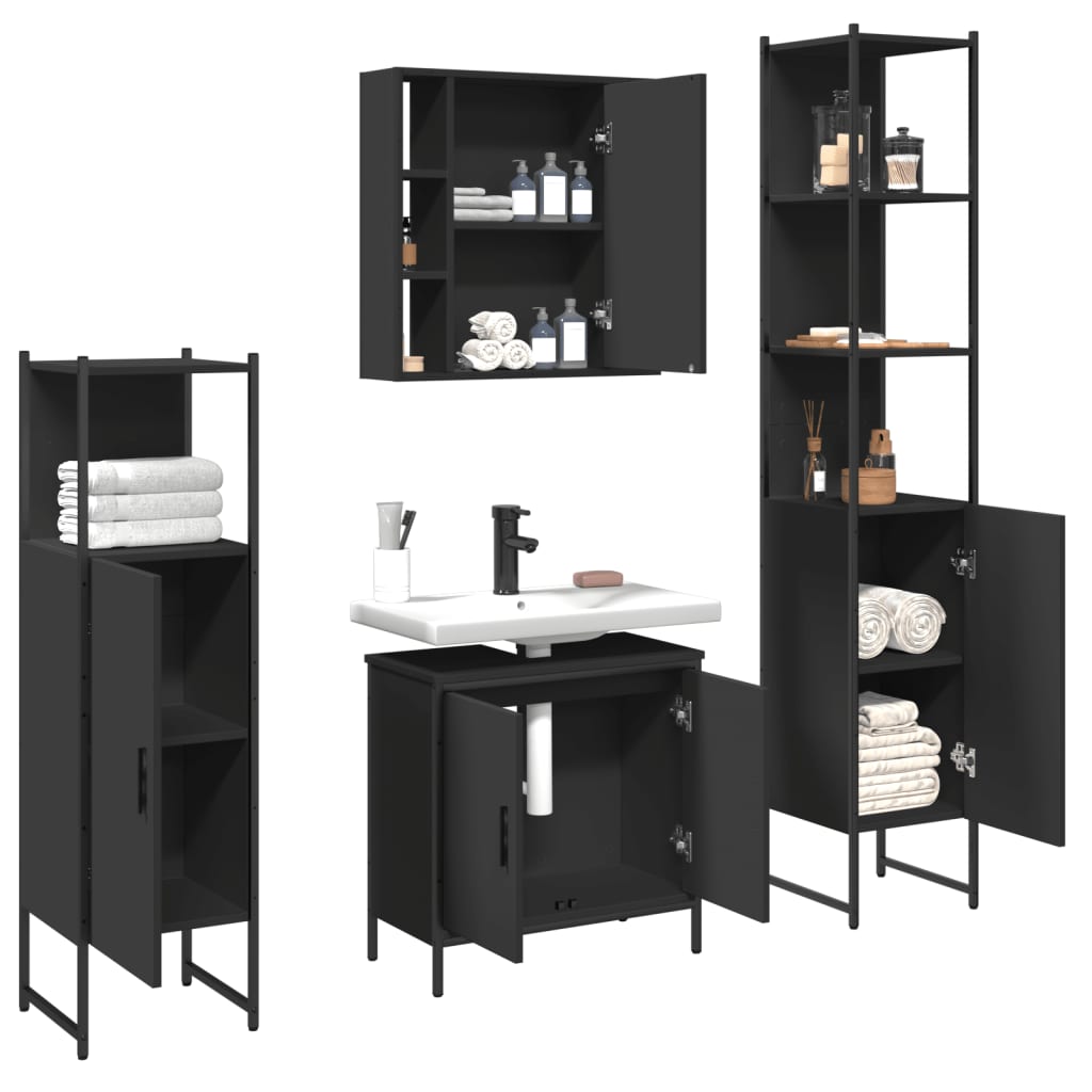 vidaXL 4 Piece Bathroom Cabinet Set Black Engineered Wood-4